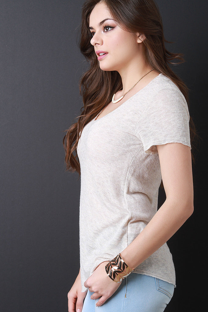 V-Neck Raw Edge Tee Shirt