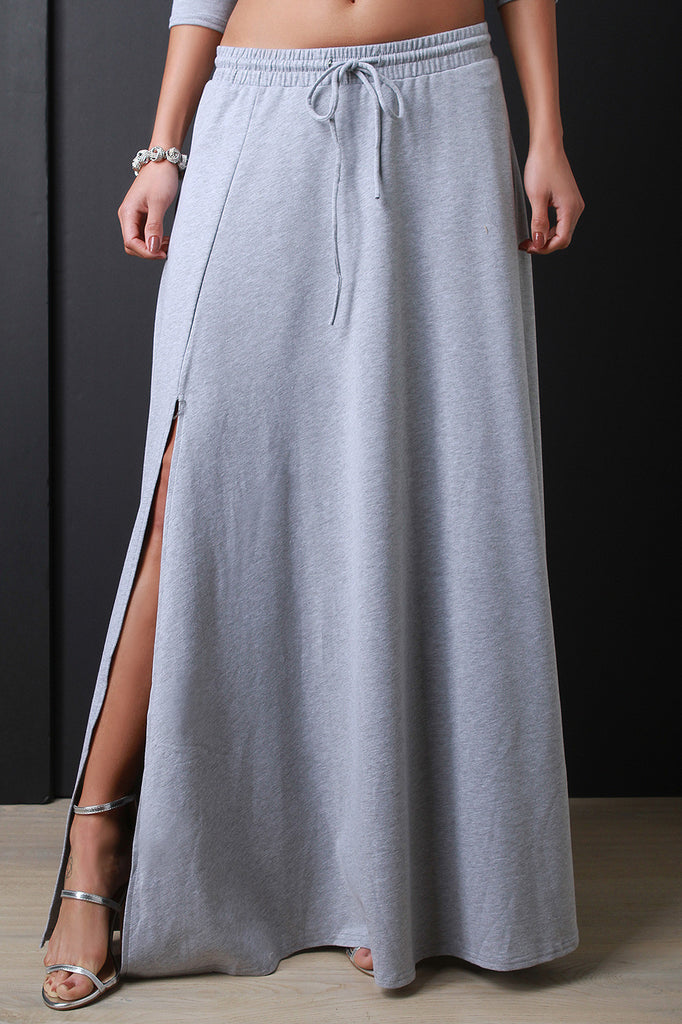 Self Tie Drawstring Maxi Slit Sweat Skirt