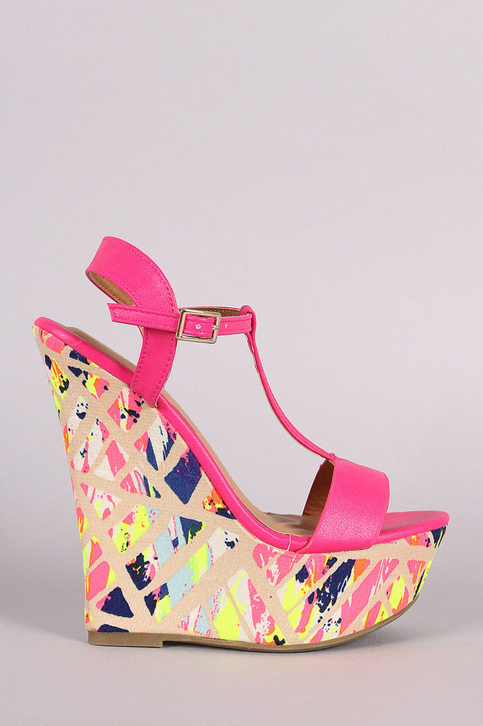 Bamboo T-Strap Watercolor Print Platform Wedge