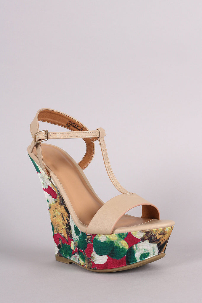 Bamboo T-Strap Watercolor Print Platform Wedge