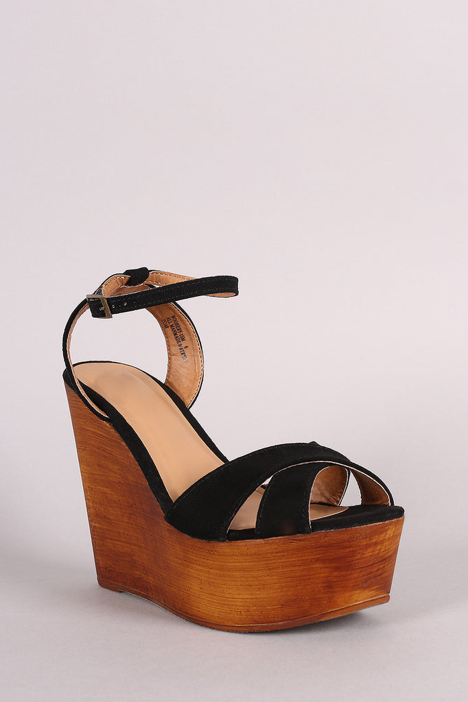 Bamboo Crisscross Ankle Strap Wooden Platform Mule Wedge