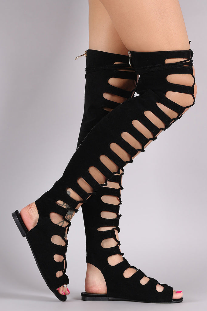 Suede Cutout Lace Up Boot Sandal