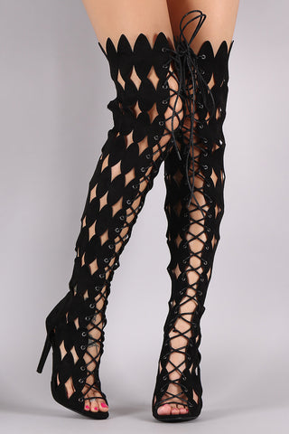 Python Perforated Scalloped Lace-Up Boots