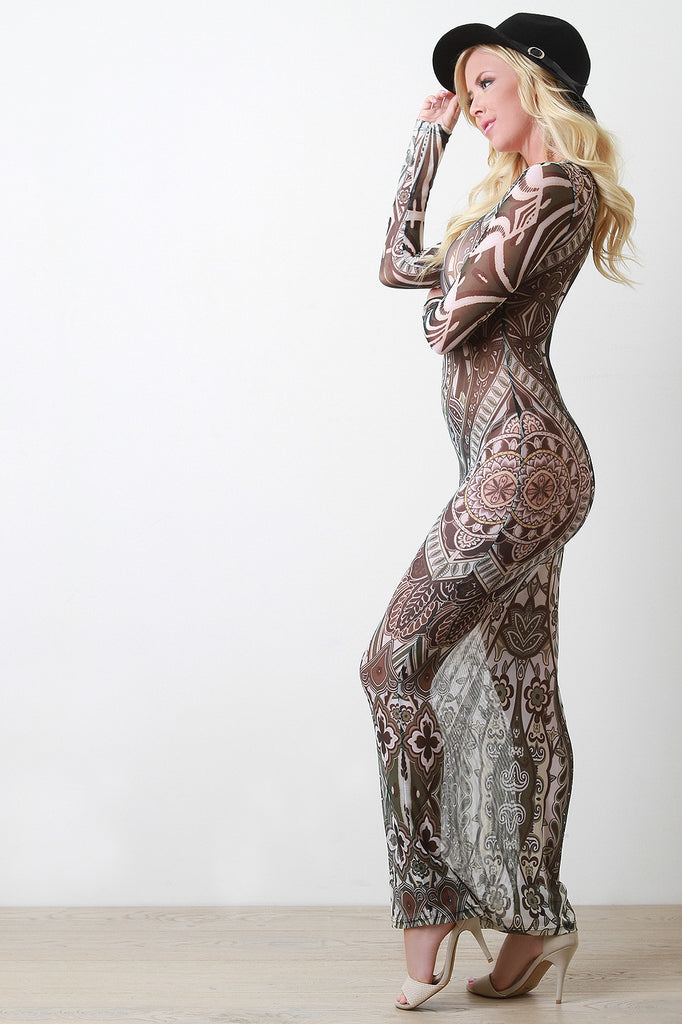 Tribal Print Mesh Long Sleeve Maxi Dress