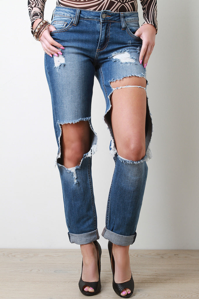 Distressed Denim Cutout Boyfriend Jeans