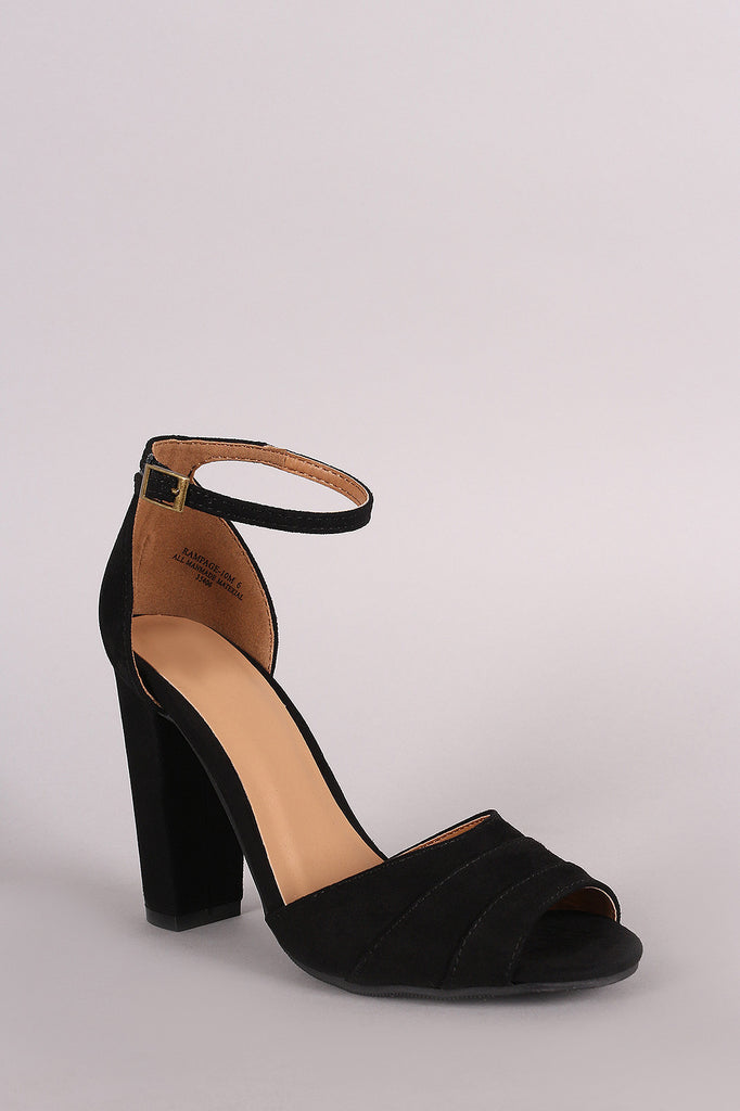 Bamboo Suede Pleated Ankle Strap Chunky Heel