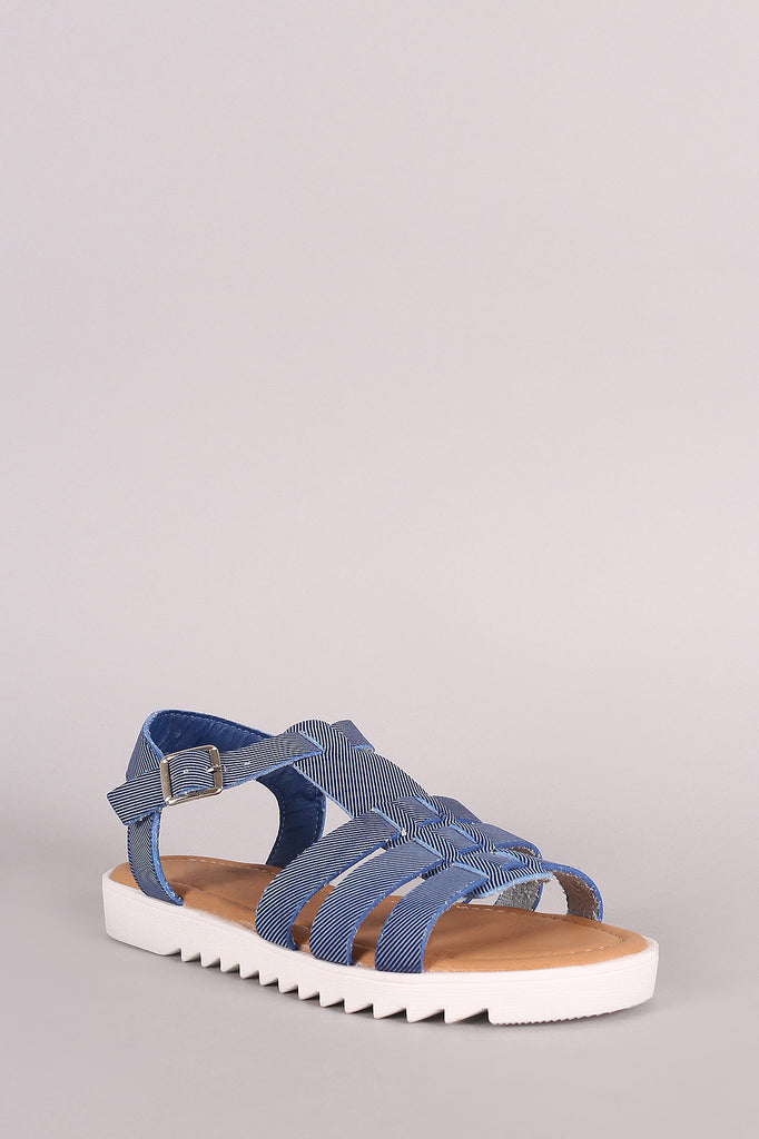 Bamboo Denim Strappy Lug Sole Fisherman Flat Sandal