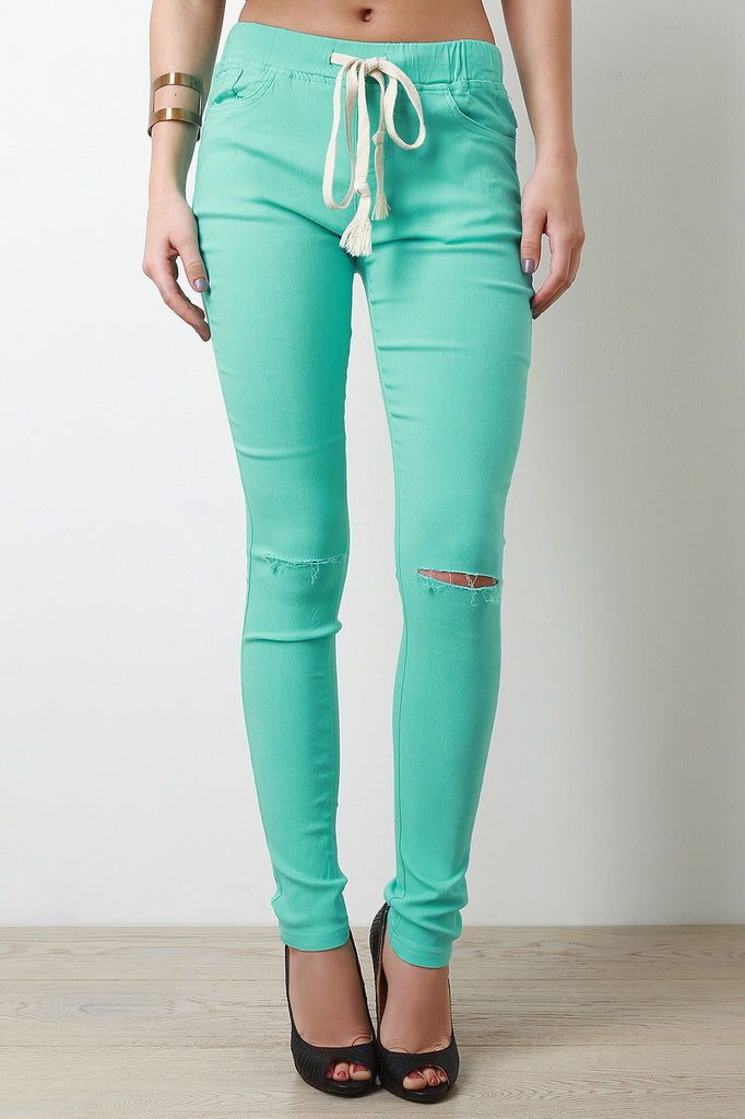 Drawstring Slit Knee Skinny Pants