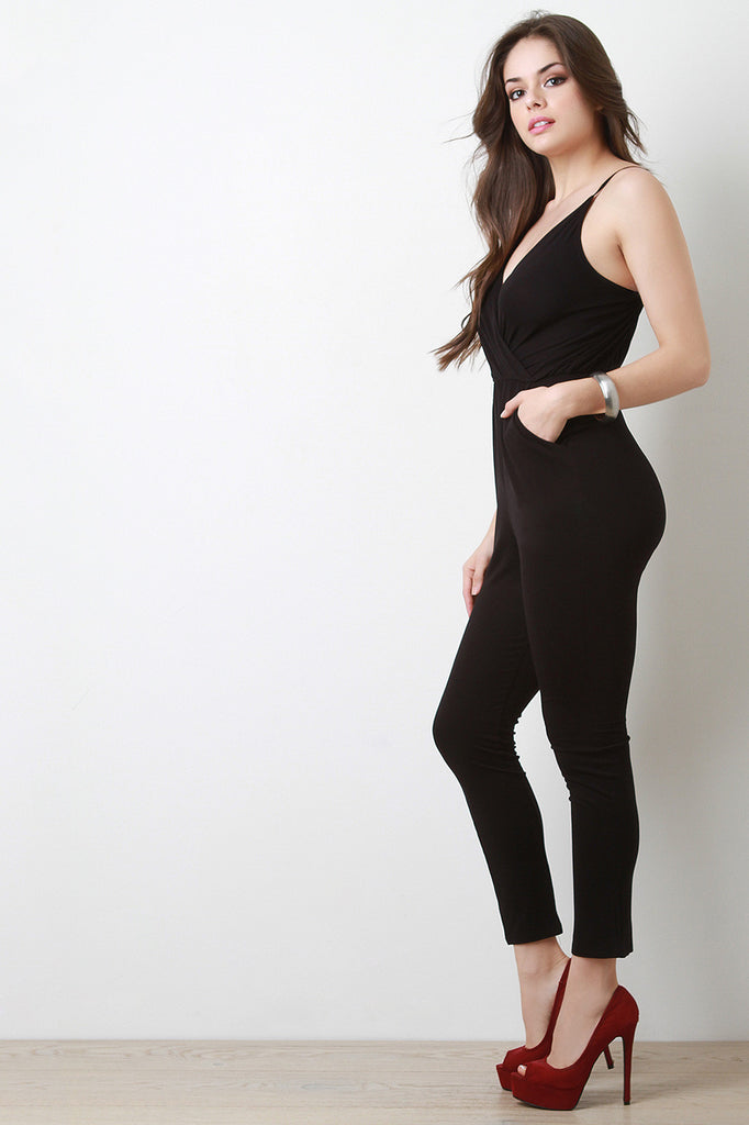 Solid Deep V Surplice Jumpsuit