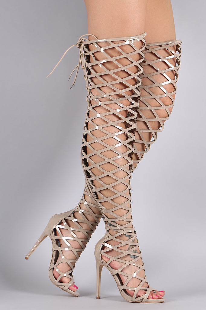 Patent Caged Back Lace-Up Over-The-Knee Stiletto Boots