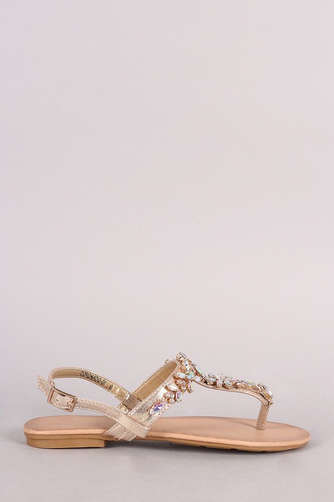 Cluster Jeweled T-Strap Slingback Thong Flat Sandal