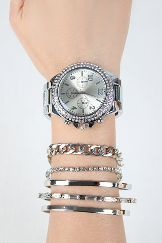 Rhinestone Watch And Cuff Bracelet Set