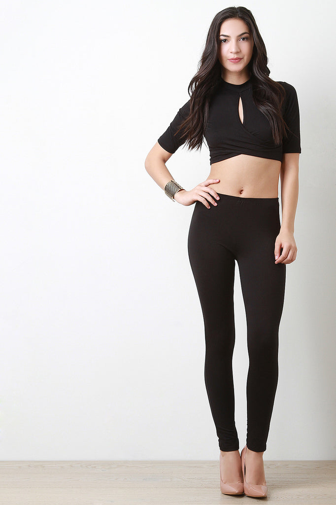 Mock Neck Wrap Keyhole Crop Top