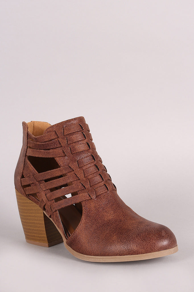 Open Side Woven Strap Chunky Heel Bootie