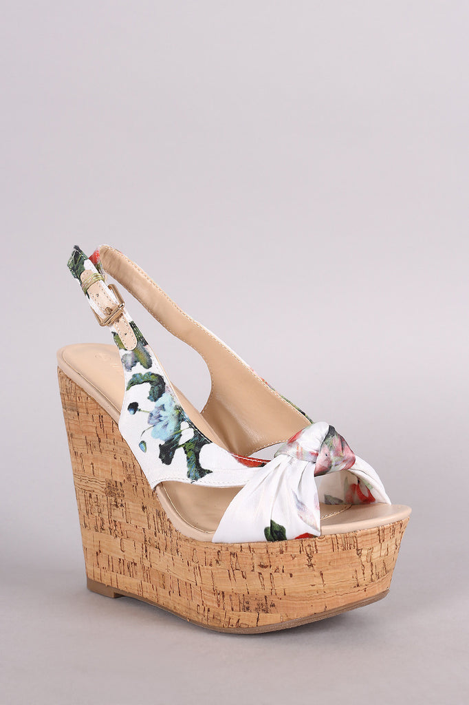 Wild Diva Lounge Knotted Satin Floral Slingback Platform Wedge