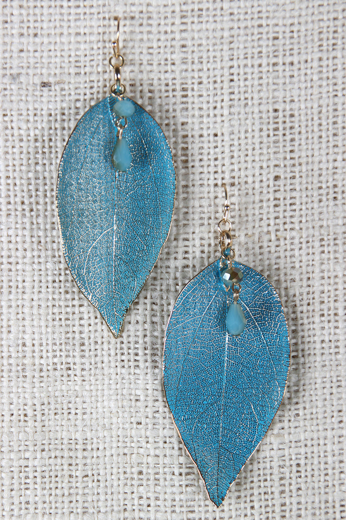 Leaf and Rhinestones Dangle Earrings