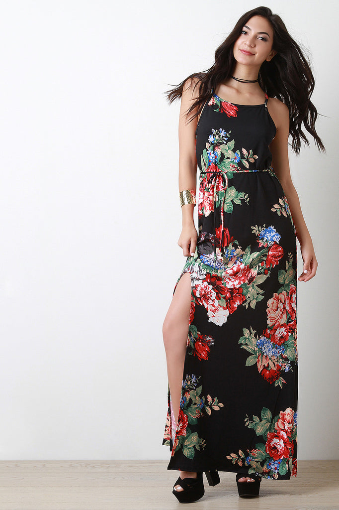 Floral Print Deep Slit Sleeveless Waist-Tie Maxi Dress