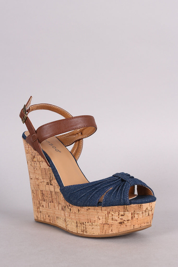 Bamboo Denim Gathered Peep Toe Cork Wedge