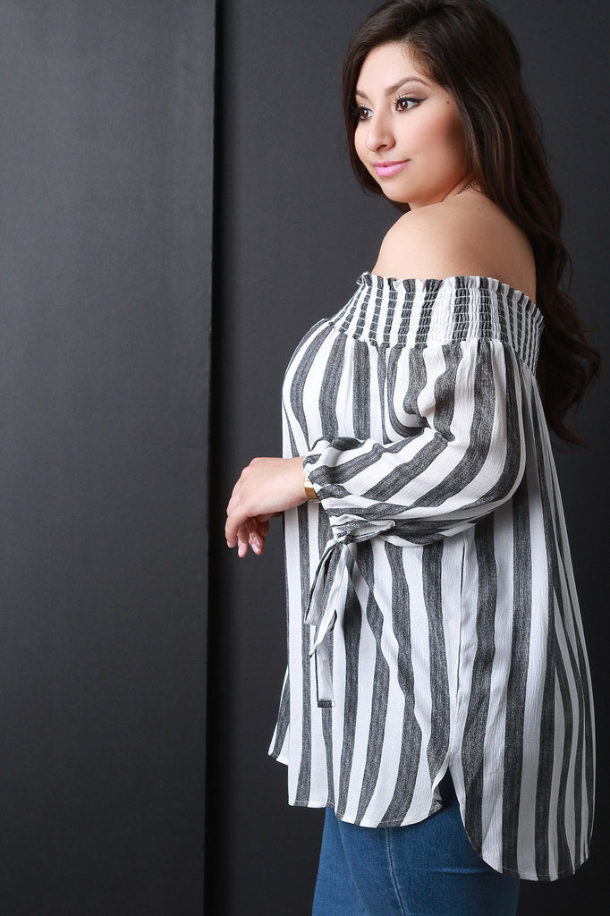 Off Shoulder Elasticized Stripes Longsleeve Top