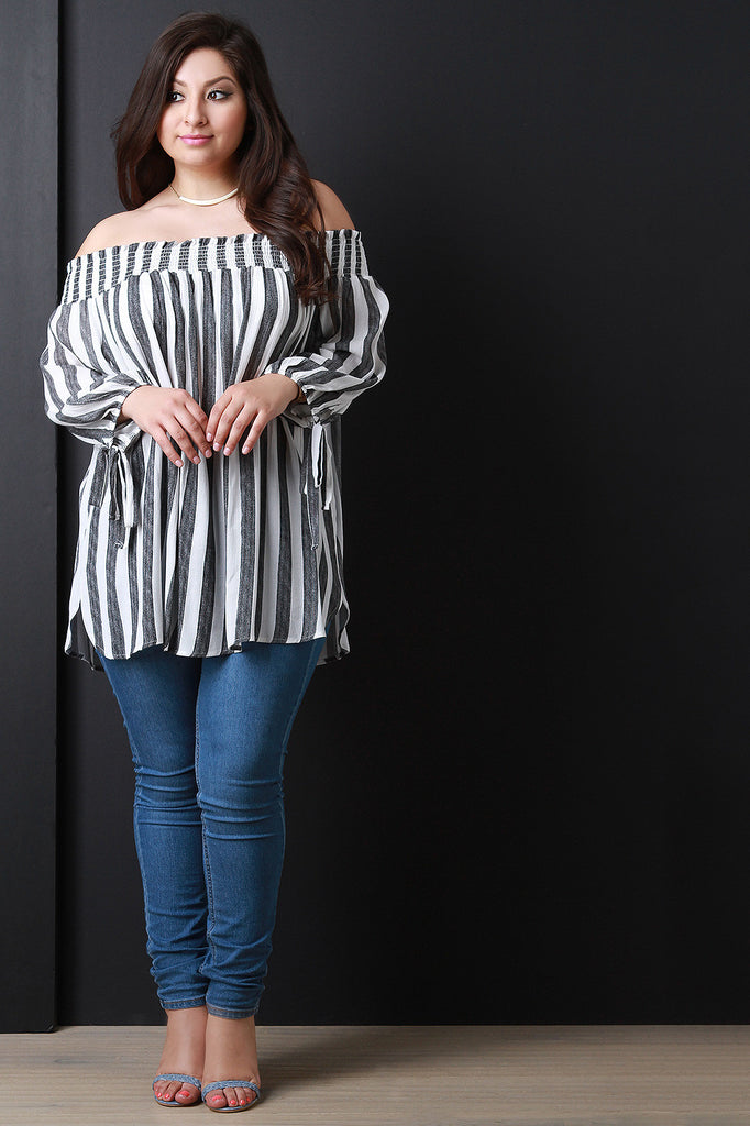 Off Shoulder Elasticized Stripes Longsleeve Top