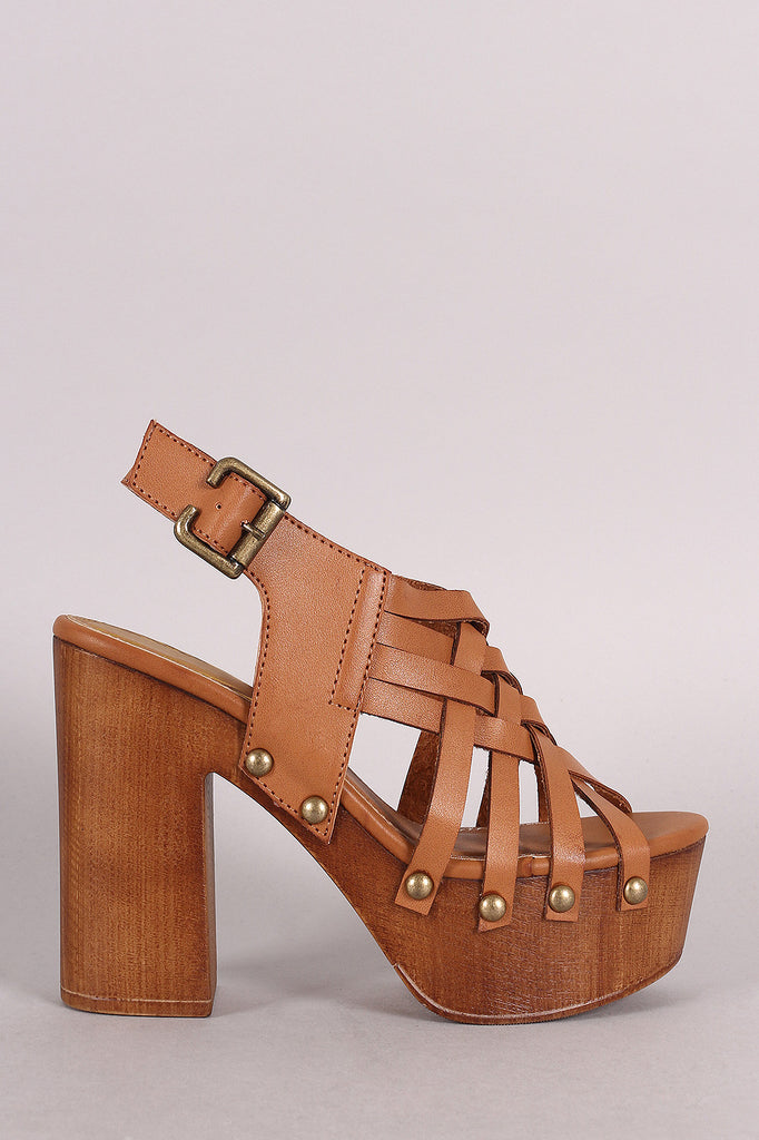 Qupid Woven Strappy Chunky Wooden Platform Heel