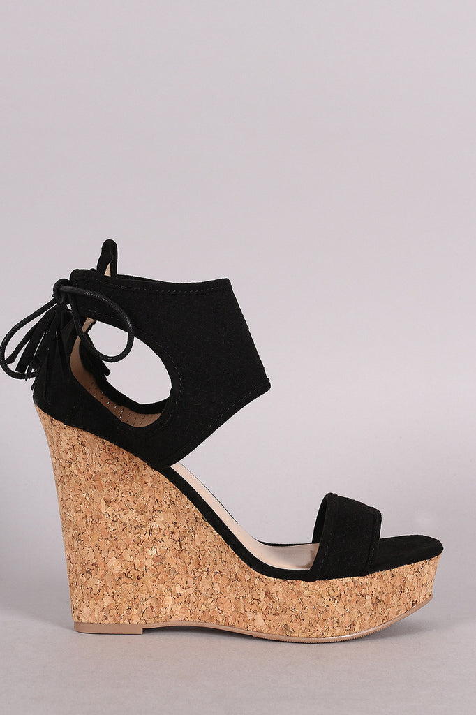 Qupid Suede Tie-Back Fish Scale Ankle Cuff Cork Platform Wedge