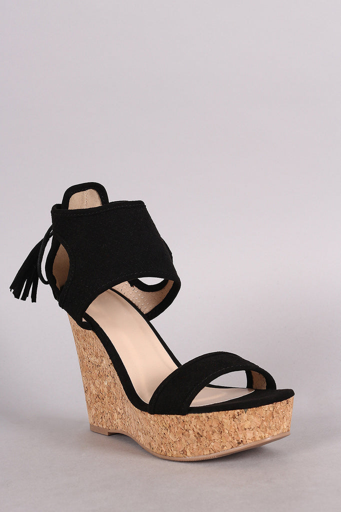 Qupid Suede Tie-Back Fish Scale Ankle Cuff Cork Platform Wedge