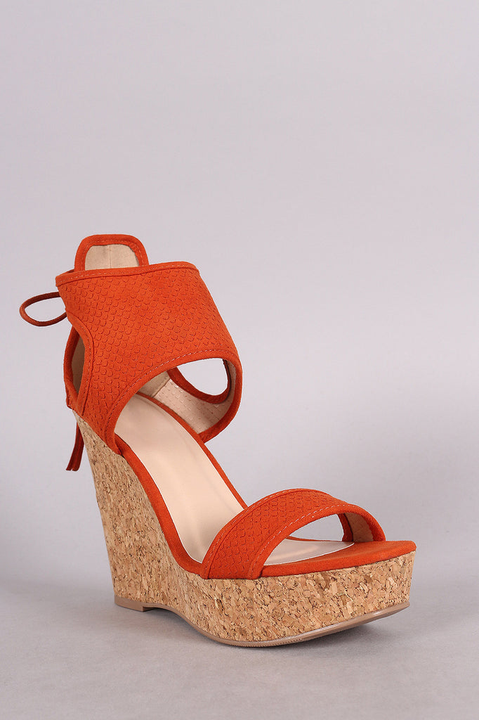 Qupid Suede Tie-Back Fish Scale Ankle Cuff Cork Platform Wedge