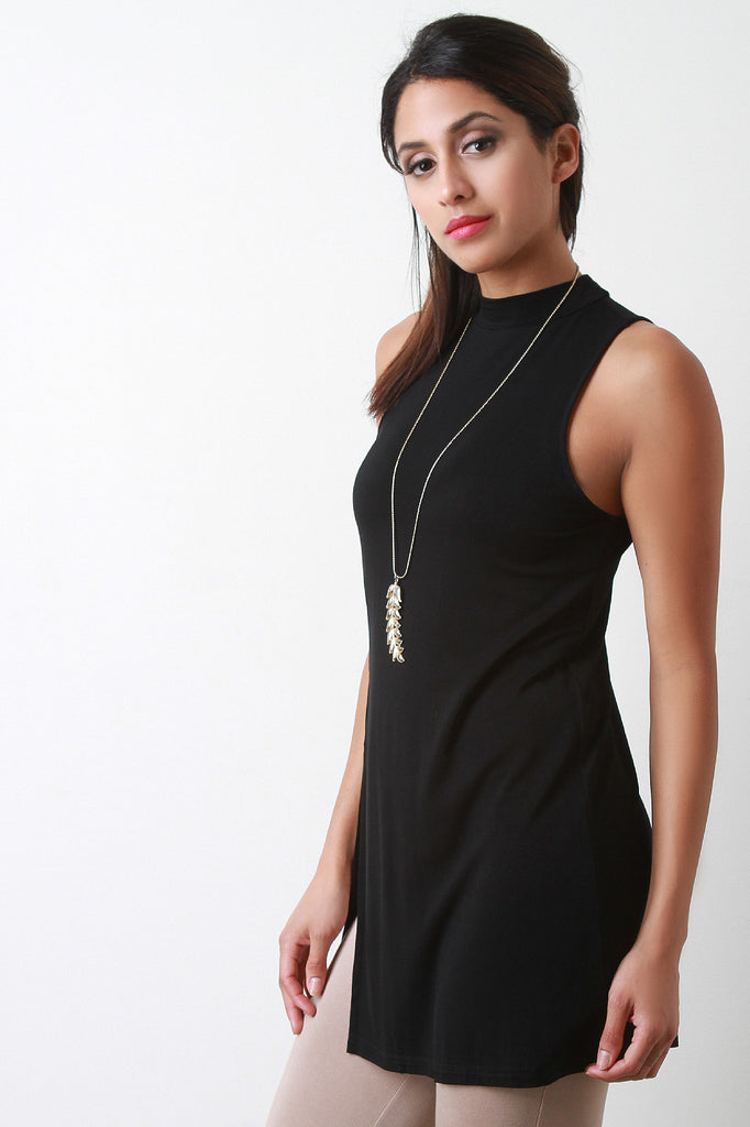 Mock Neck Side Slit Sleeveless Tunic