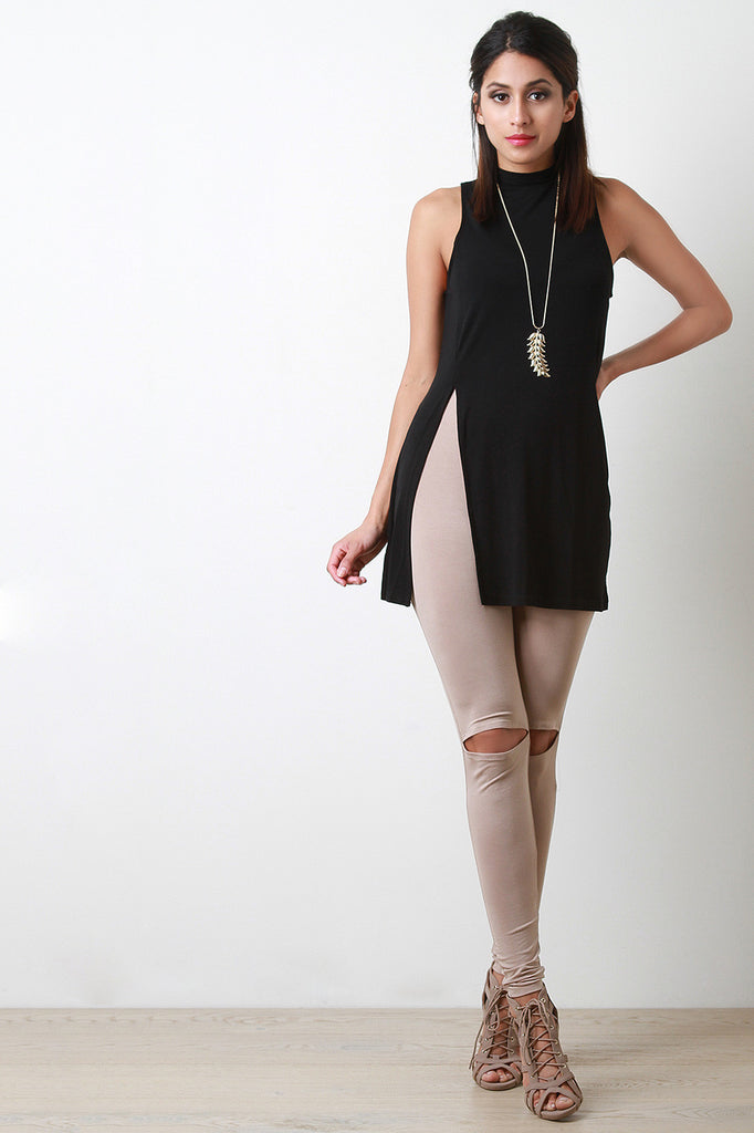 Mock Neck Side Slit Sleeveless Tunic