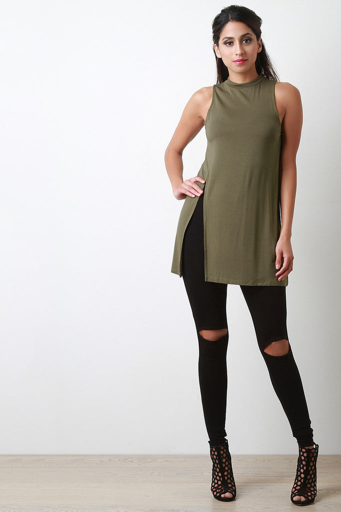 Mock Neck Side Slit Sleeveless Tunic