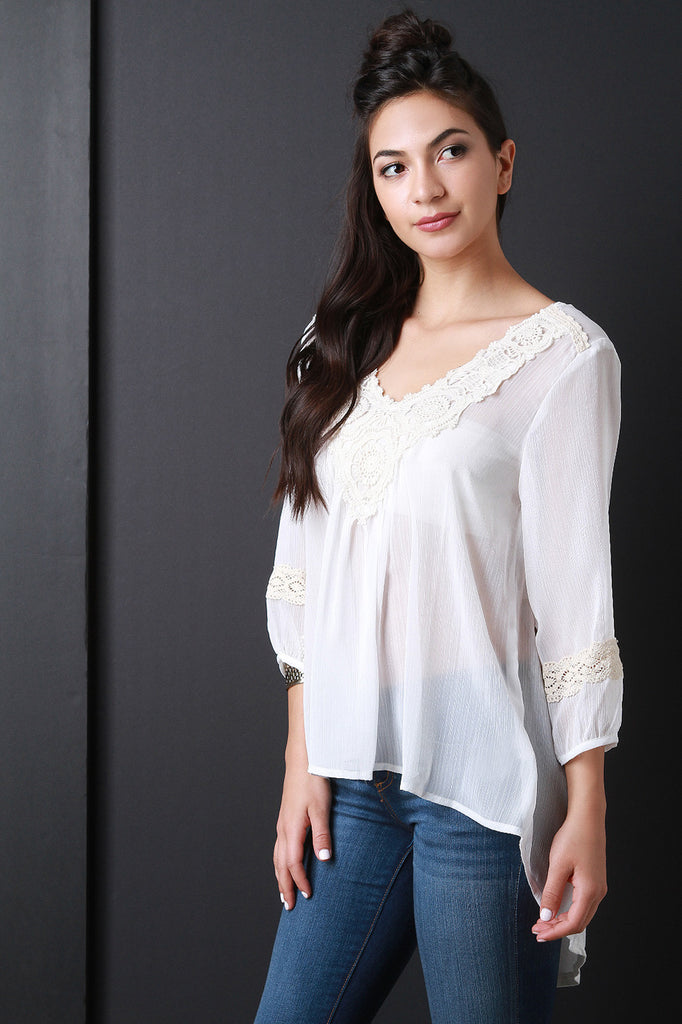 Crochet Lace-Trim Semi-Sheer Peasant Top