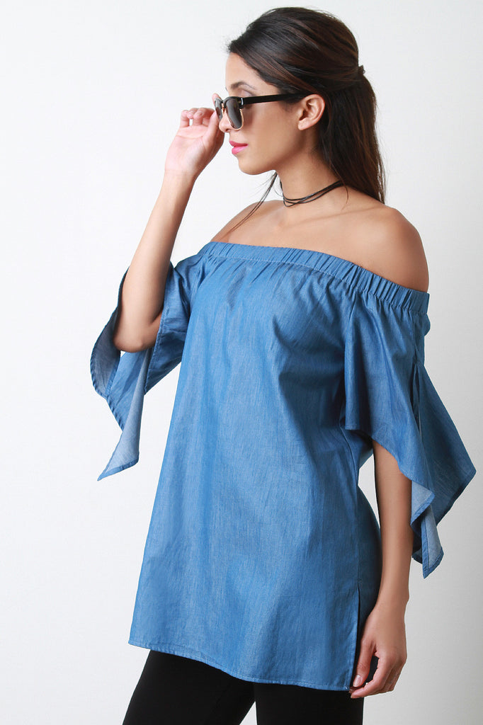 Denim Off-The-Shoulder Slit Bell Sleeve Blouse Top