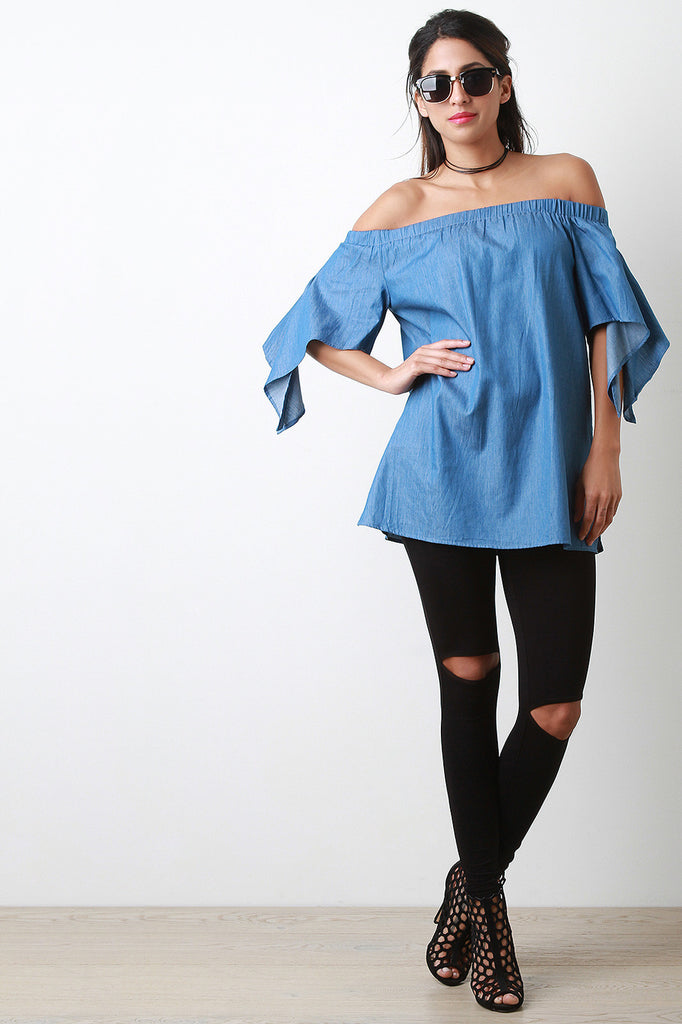 Denim Off-The-Shoulder Slit Bell Sleeve Blouse Top