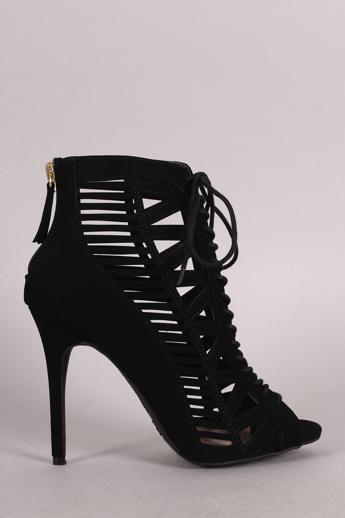 Anne Michelle Nubuck Caged Lace Up Peep Toe Booties