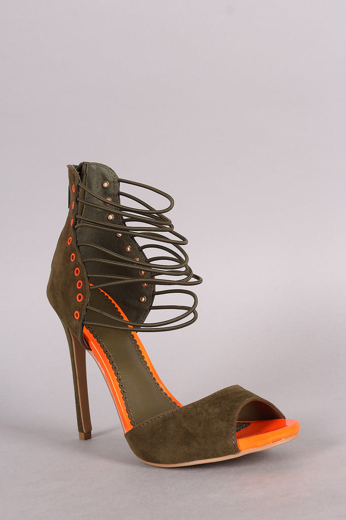 Suede Grommet Strappy Ankle Cuff Stiletto Heel