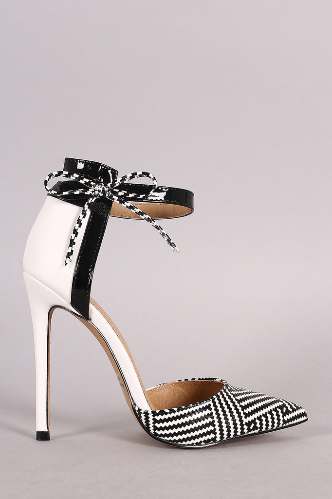 Raffia Print Bow Ankle Strap Stiletto Pump