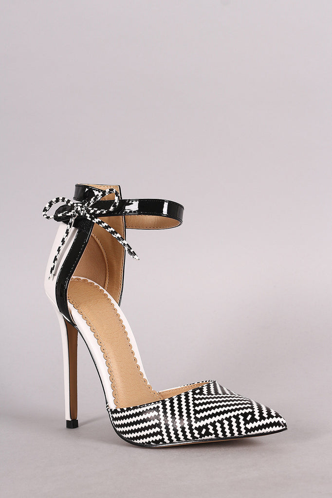 Raffia Print Bow Ankle Strap Stiletto Pump