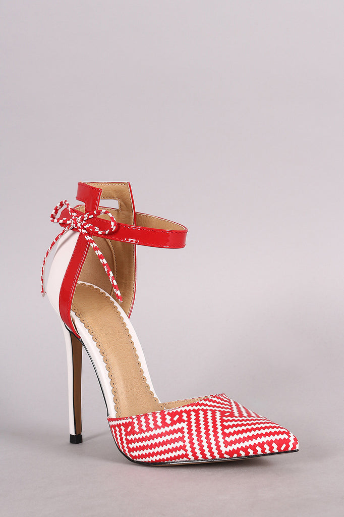 Raffia Print Bow Ankle Strap Stiletto Pump