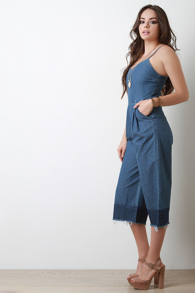 Frayed Crop Wide Leg Denim Jumpsuit