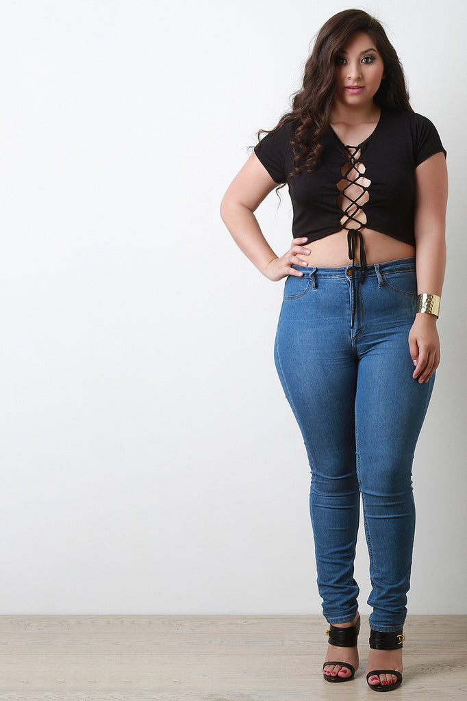 Lace Up Short Sleeve Crop Top