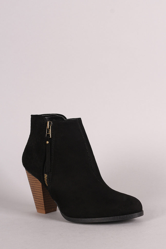 Qupid Woven Suede Zipper Trim Chunky Heeled Booties