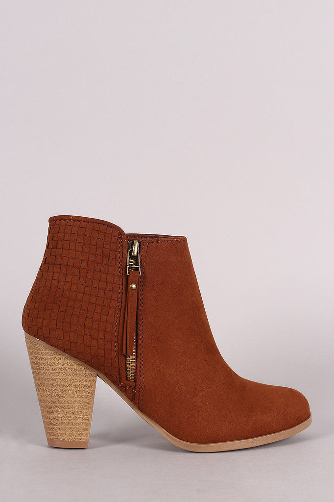 Qupid Woven Suede Zipper Trim Chunky Heeled Booties