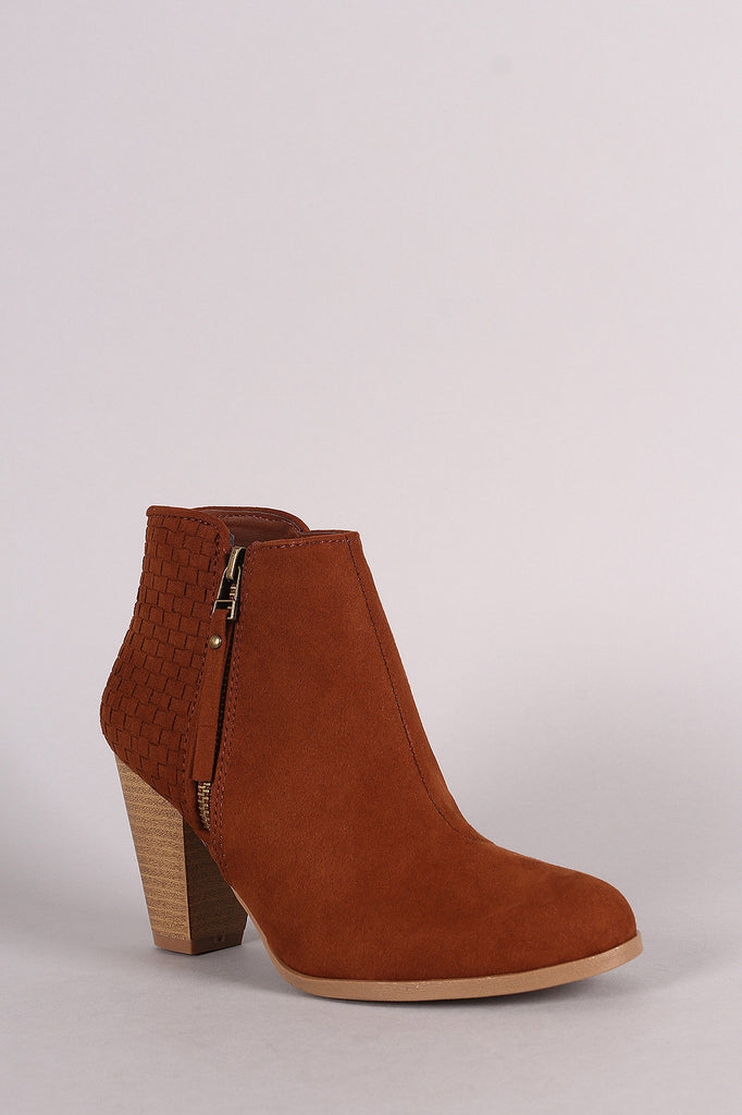 Qupid Woven Suede Zipper Trim Chunky Heeled Booties