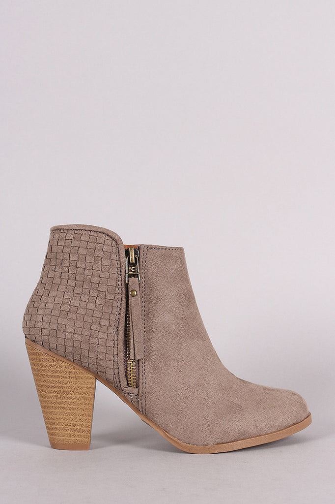 Qupid Woven Suede Zipper Trim Chunky Heeled Booties