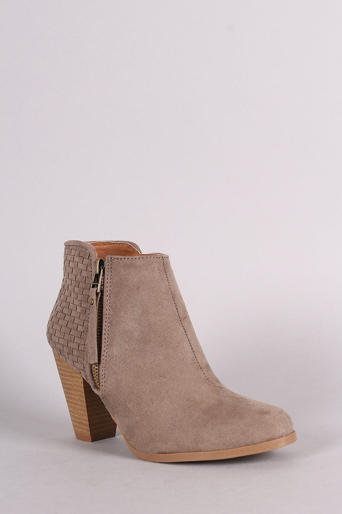 Qupid Woven Suede Zipper Trim Chunky Heeled Booties