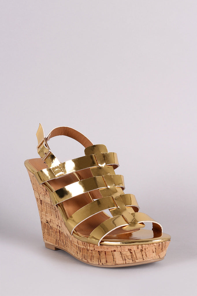 Qupid Mirror Metallic Strappy Slingback Platform Wedge