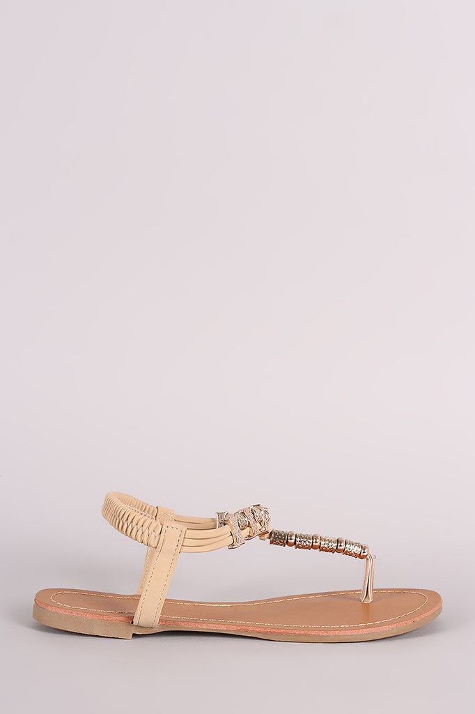 Metallic Ornament Embellished T-Strap Flat Sandal