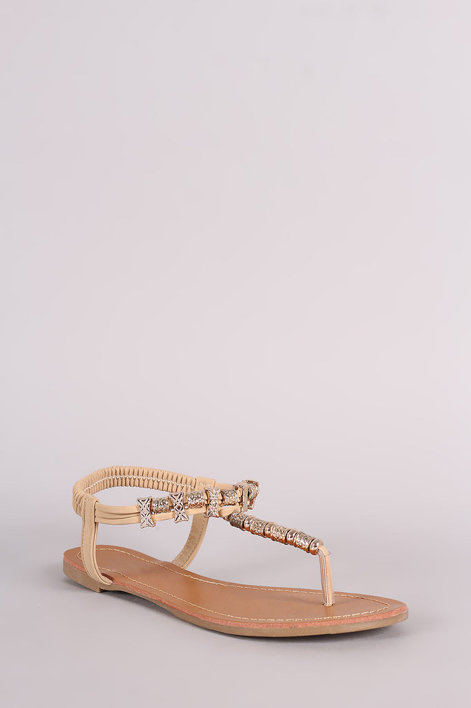 Metallic Ornament Embellished T-Strap Flat Sandal