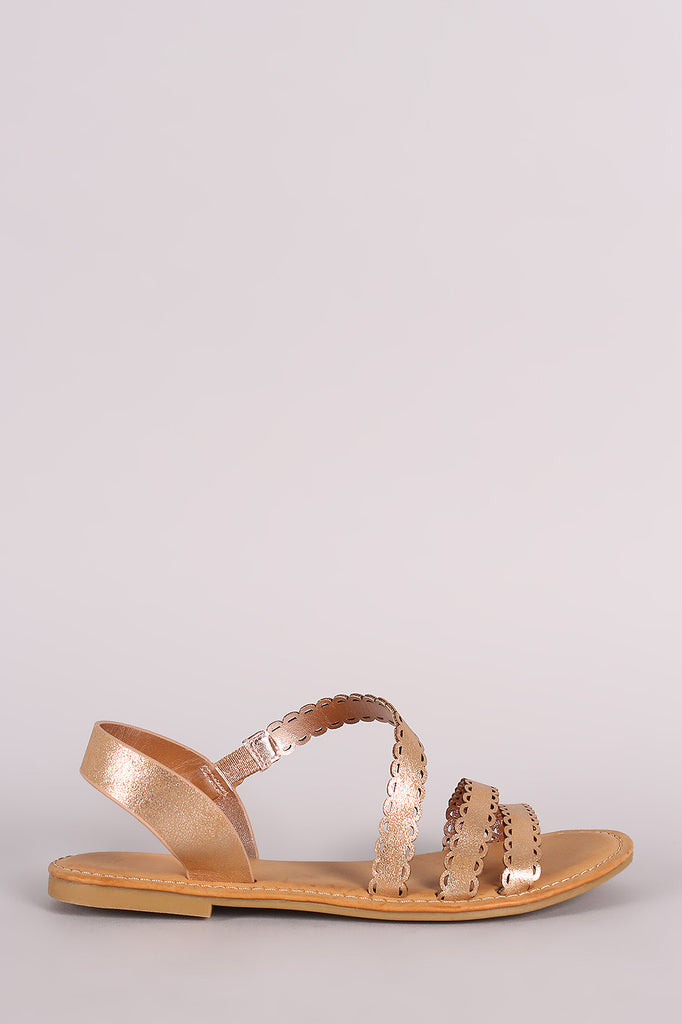 Bamboo Metallic Strappy Scalloped Open Toe Flat Sandal